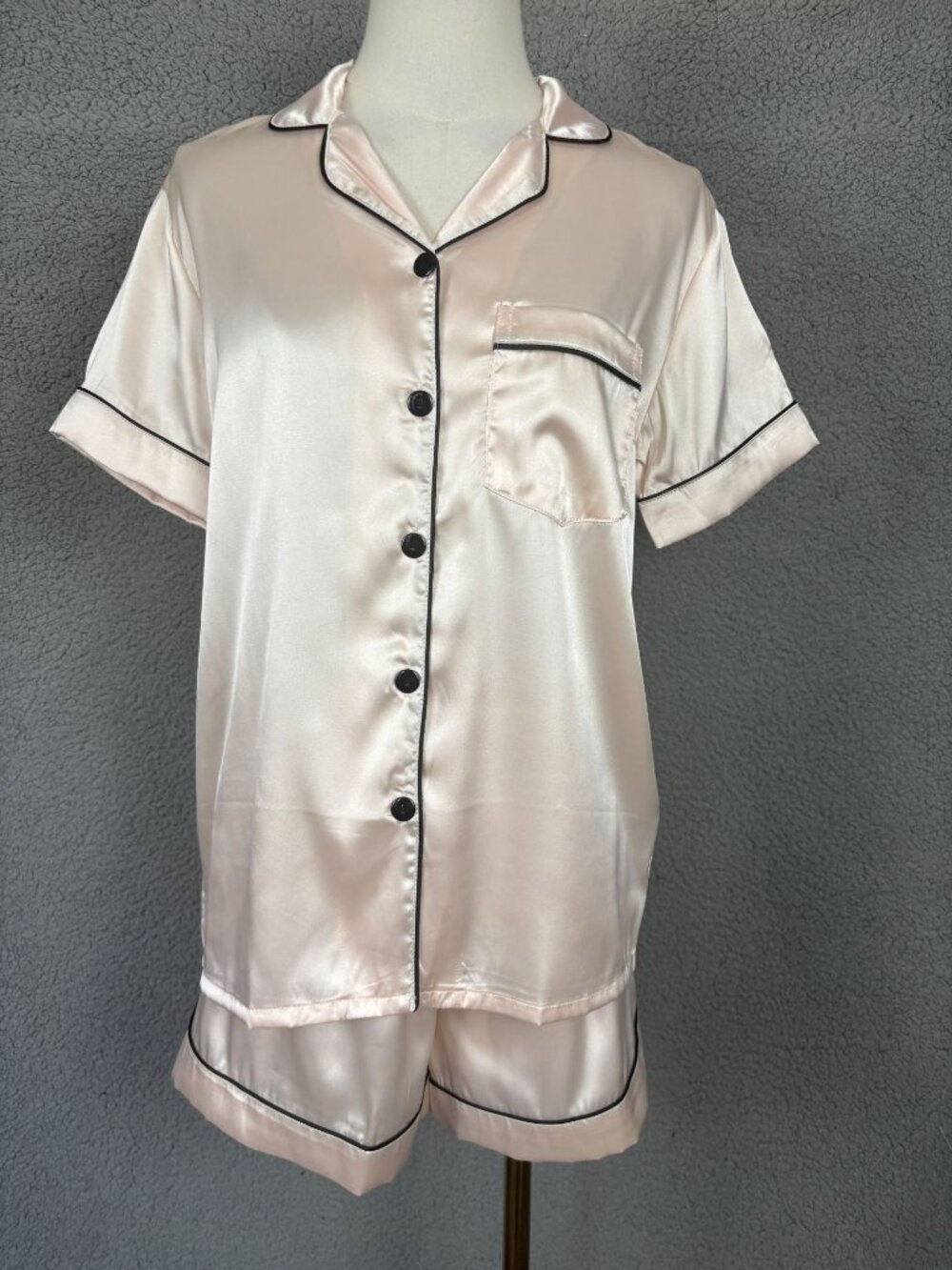 Swomog Women's Satin Pajama Set  Blush Pink Black Piping Button-Size XS NWT's